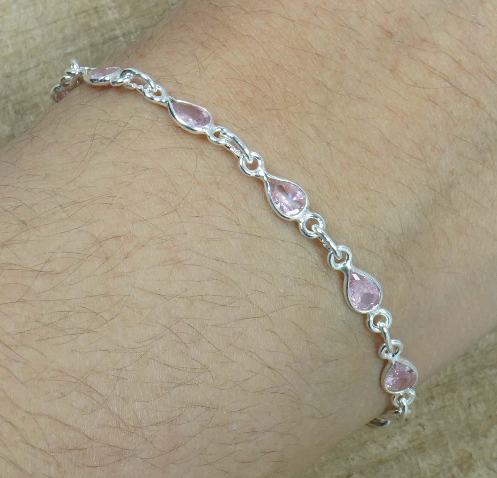 Pink Topaz 925 Sterling Silver Gemstone Adjustable Bracelet ~ Handmade Jewelry ~ November Birthstone ~ Gift For Christmas ~10 Stone Bracelet
