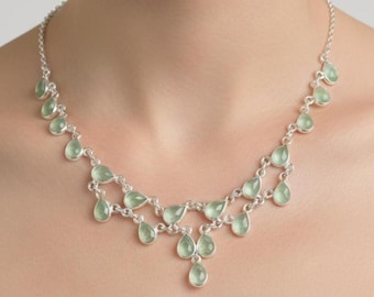 Sterling Silver Aqua Chalcedony Teardrop Gemstone Layered Necklace
