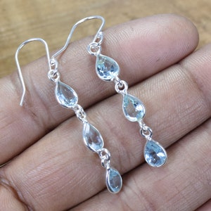 Natural Blue Topaz  925 Sterling Silver Faceted Gemstone Hook Earring ~ 3 Stone Earring ~ Natural Stone ~ Handmade Jewelry ~ Gift For Her