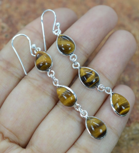 Boucles D'oreilles Puces En Oeil De Tigre Et Argent 925 - Bijou Occasion En Pierre Naturelle, Fermoir Clou