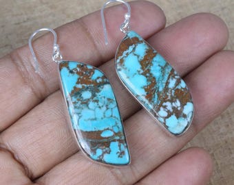 Boucles d'oreilles crochet en argent sterling turquoise naturel : bijoux en pierres précieuses faits main