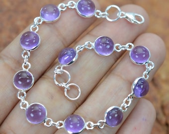 Amethyst 925 Silver Gemstone Round Shape Adjustable Bracelet