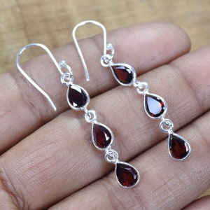 Cut Red Garnet 925 Sterling Silver Gemstone Hook Earring ~ January Birthstone ~ Handmade Jewelry ~ Gift For Christmas ~ 3 stone Earring