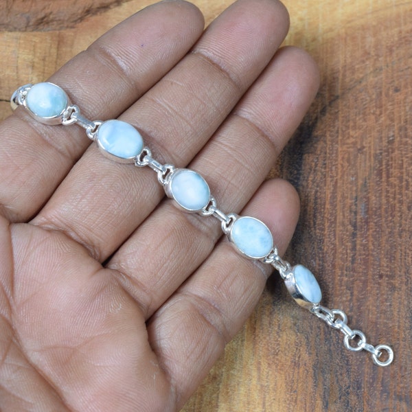 Larimar 925 Sterling Silver Ten Stone Blue Larimar Gemstone Bracelet, Oval Shape Silver Bracelet