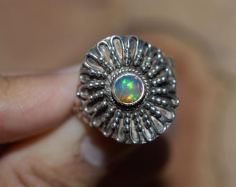 Welo Ethiopian Opal 925 Sterling Silver Filigree Floral Statement Ring, Natural Gemstone Jewelry, US Size 7
