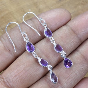 Purple Amethyst 925 Sterling Silver Faceted Gemstone Hook Earring ~ Handmade Jewelry ~ Gift For Christmas ~ 3 Stone Natural earring