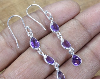 Purple Amethyst 925 Sterling Silver Faceted Gemstone Hook Earring ~ Handmade Jewelry ~ Gift For Christmas ~ 3 Stone Natural earring