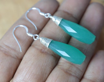 Green Onyx 925 Sterling Silver Dangle, Faceted Teardrop Gemstone Boho Jewelry, Minimalist Drop Earrings