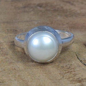 Freshwater Pearl Ring, Sterling Silver Round Gemstone, June Birthstone