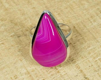 Pink Botswana Agate Pear Ring: Handmade 925 Sterling Silver, US Size 6
