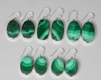 Malachite 925 Sterling Silver Earrings, Natural Green Gemstone Dangle Earrings, Banded Stone Boho Jewelry