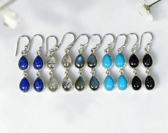 925 Sterling Silver Double Teardrop Natural Gemstone Dangle Drop Earrings, Labradorite, Lapis Lazuli, Rutile and more