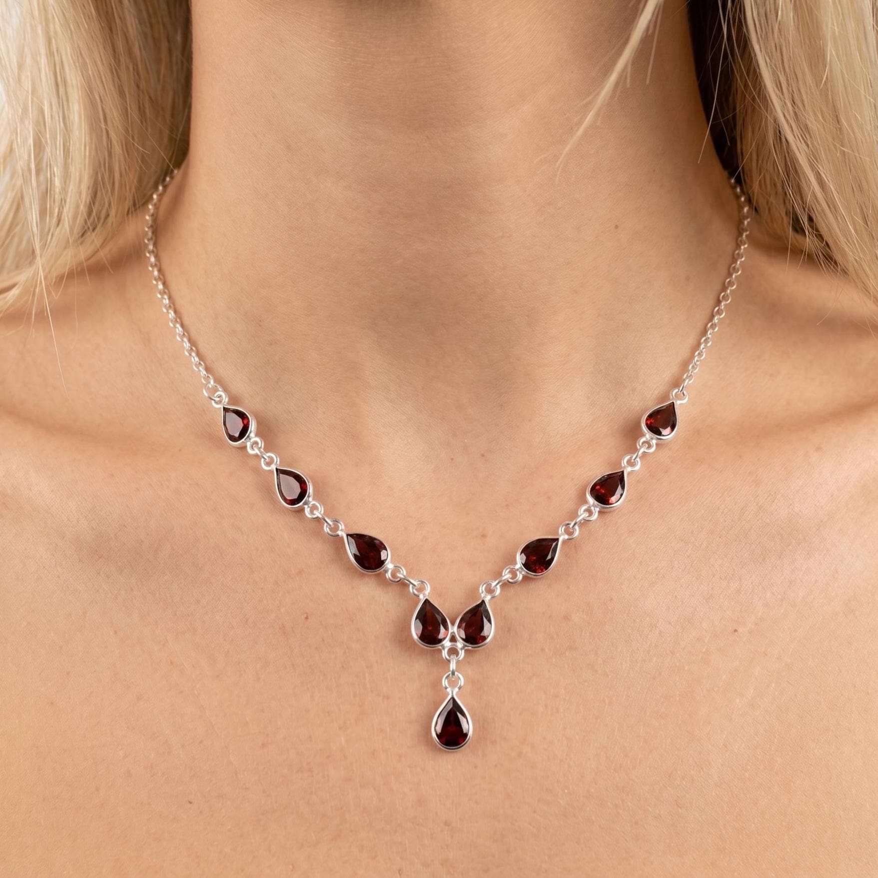 Faceted Garnet 925 Sterling Silver Necklace, Teardrop Gemstone Statement Choker, Handmade Red Crystal Bridal Necklace