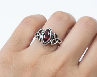 Red Garnet Sterling Silver Ring: January Birthstone, Celtic Design