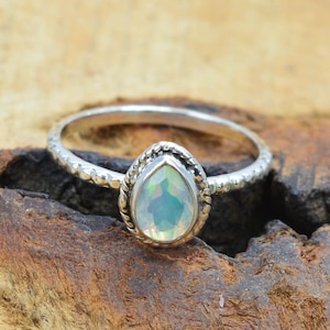 Cut Ethiopian Opal 925 Sterling Silver Ring ~ Pear Shape Natural Opal Gemstone Jewelry
