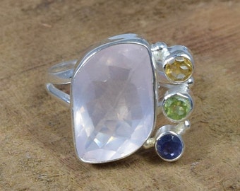 Rose Quartz Ring: 925 Sterling Silver Multi Gemstone Jewelry, US Size 9