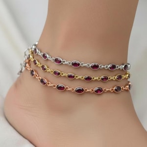 Tobillera de granate rojo facetado: joyería de plata de ley 925 y oro/oro rosa vermeil para mujer
