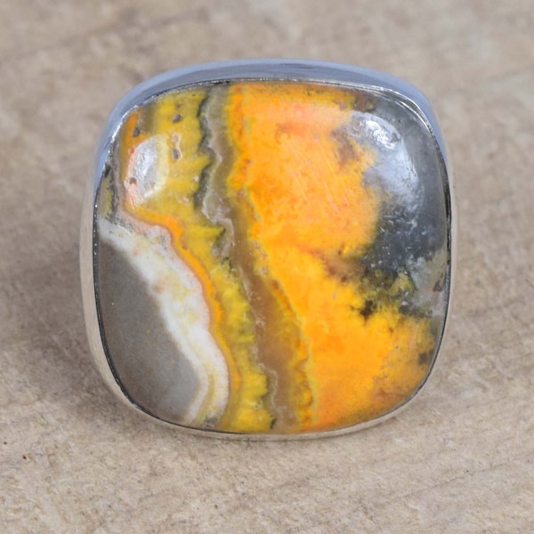 Natural Bumble Bee Jasper 925 Sterling Silver Gemstone Square Ring Jewelry ~ Handmade Jewelry ~ Gift For Christmas ~ Ring Size US-8 / UK- P