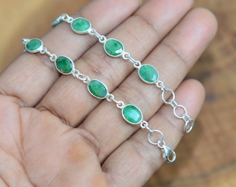 Green Emerald 925 Sterling Silver Adjustable Bracelet ~ 11 Gemstone Jewelry