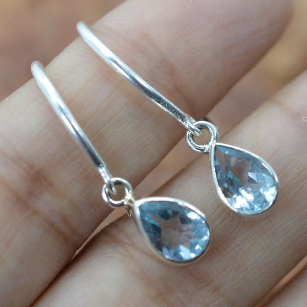 925 Sterling Silver Natural Blue Topaz Gemstone Hook Earring ~ 1 Pair Silver Earring ~ Topaz Jewelry ~ November Birthstone ~Gift For Easter