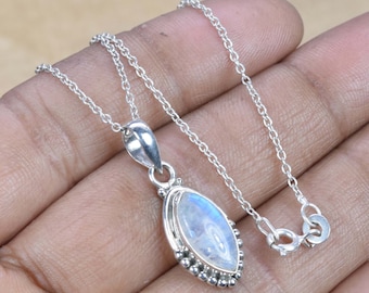 Colgante de piedra lunar arcoíris talla marquesa, plata de ley 925, piedra natal de junio