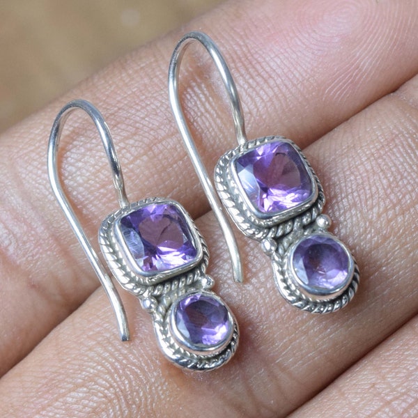 Cut Purple Amethyst 925 Sterling Silver Natural Gemstone Elegant Hook Earring ~ Handmade Jewelry ~ Gift For Christmas ~ 2 Stone Earring