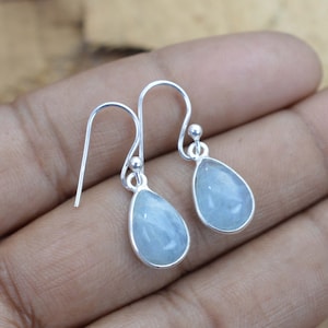 Aquamarine 925 Sterling Silver Pear Shape Gemstone Bezel Setting Hook Earring, Aquamarine Jewelry