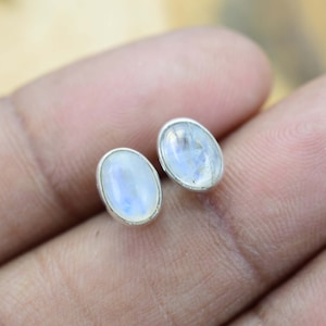 White Rainbow Moonstone 925 Sterling Silver Oval Shape Stud Earring