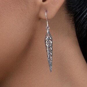 925 Sterling Silver Filigree Drop Earrings, Vintage Oxidized Long Dangle Earrings