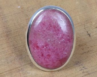 Anillo de rodonita rosa en plata de ley - Joyería artesanal con piedras preciosas, talla 9 (EE. UU.)