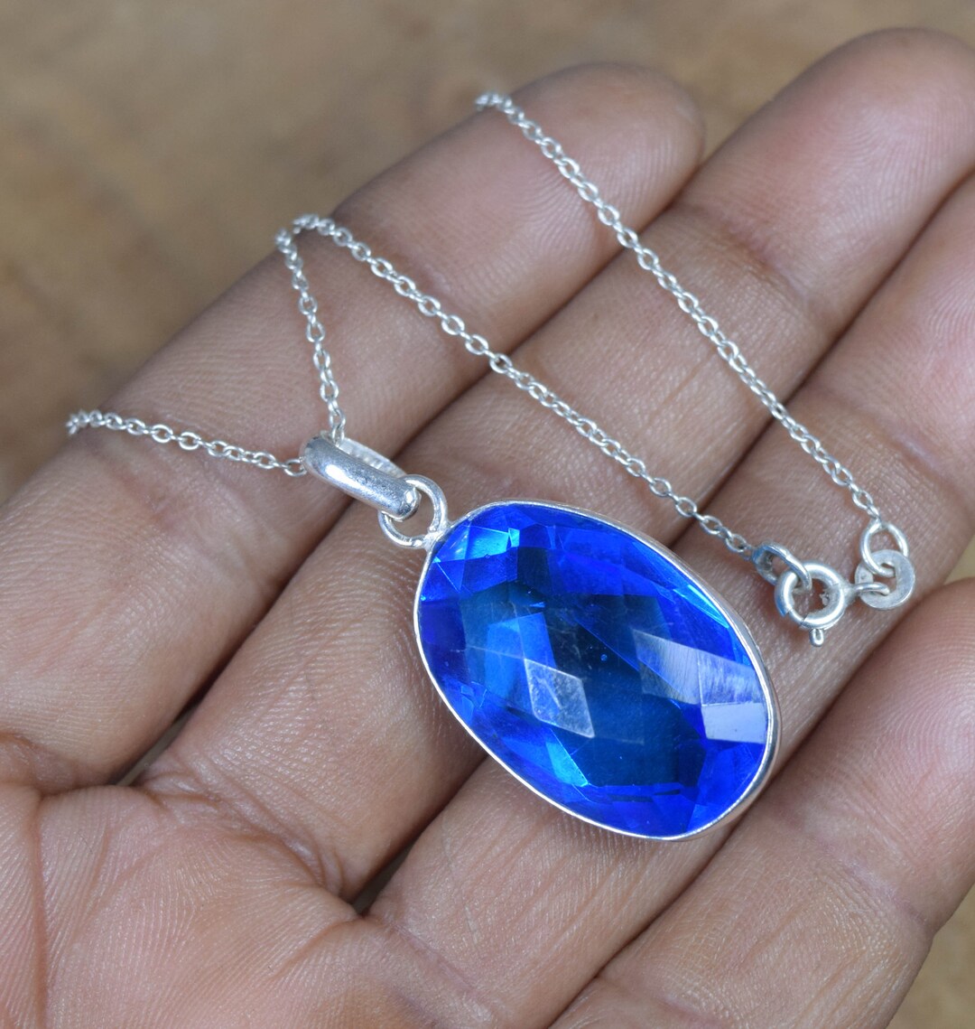 thumbnail image 2 of Blue Carving Quartz Pendant – 925 Sterling Silver Plated Moon Charm, Handmade Locket 2 of 6