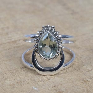 Natural Cut Green Amethyst 925 Sterling Silver Ring , Natural Genuine Gemstone , February Month Birthstone Ring , Pear Shape Ring ,Boho Ring