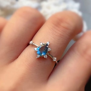 Solid Gold Blue Topaz Ring: Real Diamond Engagement Ring