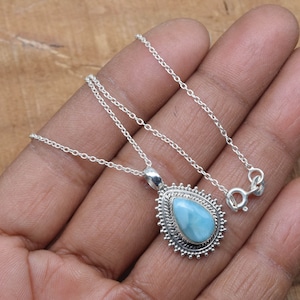 Blue Larimar 925 Sterling Silver Gemstone Jewelry Pendant w/ or w/o chain ~Pear Shape ~Handmade Jewelry ~ Natural Stone ~ Gift For Christmas