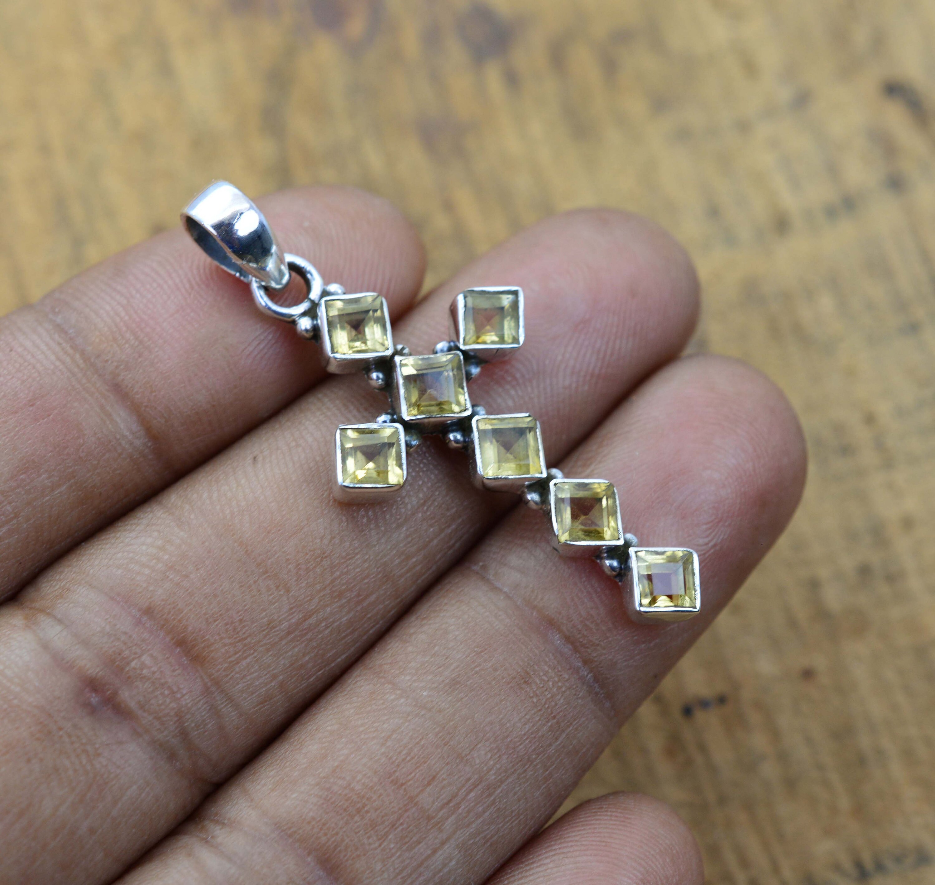 Yellow Citrine Cross Pendant 925 