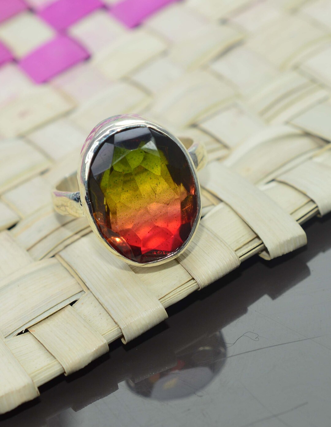 Watermelon Quartz Silver 925 Sterling Silver Gemstone Ring, Watermelon