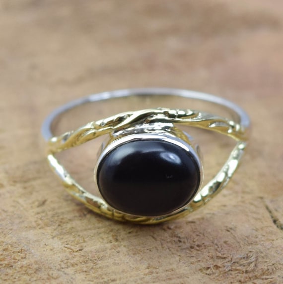 ブラックオニキスリング：925スターリングシルバーと真鍮の宝石リング