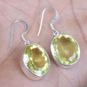 Lemon Quartz 925 Sterling Silver Faceted Gemstone Hook Earring