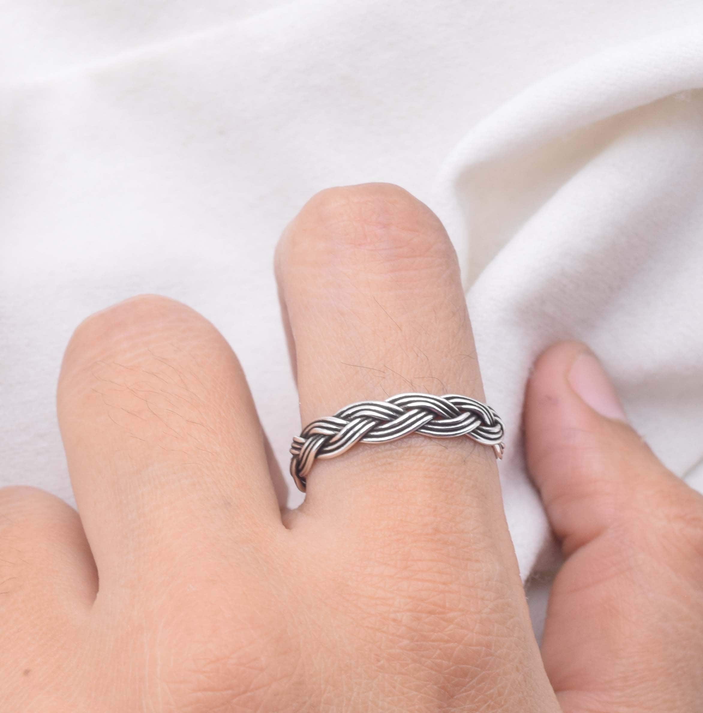 編み込み編み925スターリングシルバーリング：ボヘミアンスタッキング