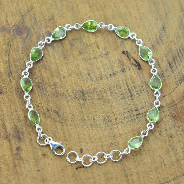 Green Peridot 925 Sterling Silver Teardrop Shape Gemstone Jewelry Adjustable Bracelet