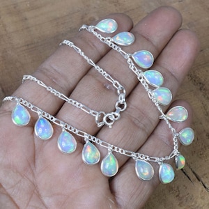 Natural Ethiopian Opal 925 Sterling Silver Gemstone Pear Shape Necklace ~ October Month Birthstone ~15 stone Necklace ~ Gift For Anniversary