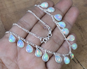 Natural Ethiopian Opal 925 Sterling Silver Gemstone Pear Shape Necklace ~ October Month Birthstone ~15 stone Necklace ~ Gift For Anniversary