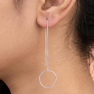 925 Sterling Silver Threader Earrings, Long Box Chain Earrings, Geometric Large Circle Loop Drops