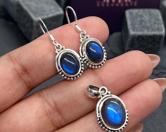 Juego de pendientes y colgante de labradorita y piedra lunar negra en plata de ley 925, joyería hecha a mano.