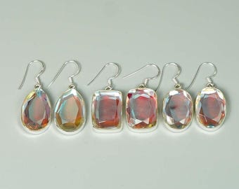 Faceted Mercury Mystic Earrings, 925 Sterling Silver, Angel Quartz Rainbow Drop Earrings