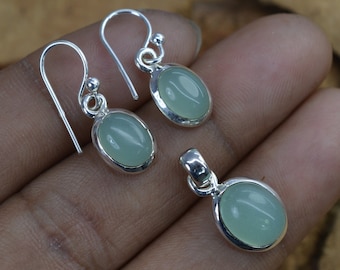 Aqua Chalcedony 925 Sterling Silver Gemstone Jewelry Hook Earring Pendant Set