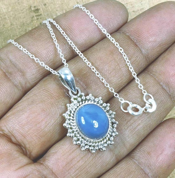 Blue Peruvian Opal Pendant Necklace: Sterling Silver Gemstone Chain, October Birthstone