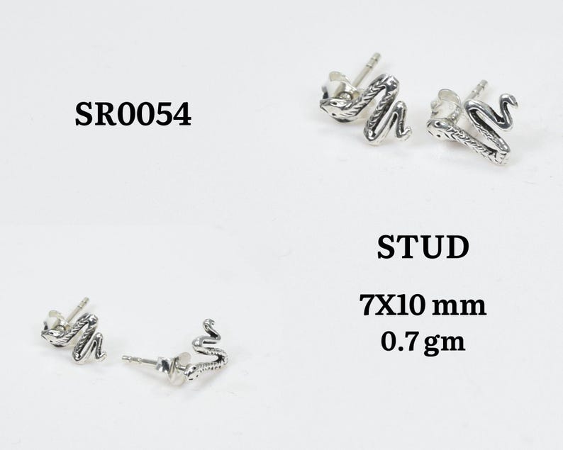 May include: Silver snake stud earrings. The earrings are in the shape of a snake. The image also includes the text "STUD", "7x10 mm", "0.7 gm", and "SR0054".