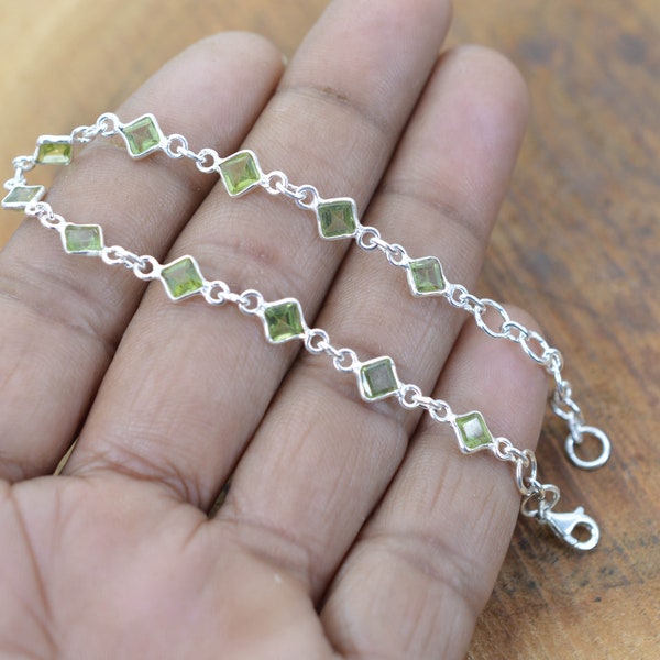 Green Peridot 925 Sterling Silver Faceted Gemstone Adjustable Bracelet ~ 11 Gemstone Jewelry