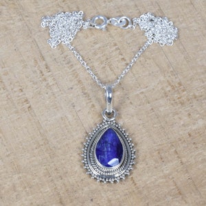Blue Sapphire 925 Sterling Silver Gemstone Jewelry Pear Pendant w/ or w/o chain, September Birthstone, Handmade Jewelry, Gift For Christmas